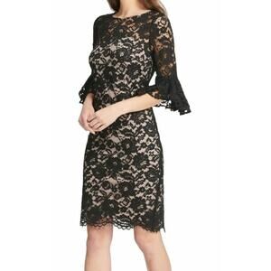 DKNY Black Sheath Embroidered Lace Cocktail Wedding Bell Sleeves Dress Size 4